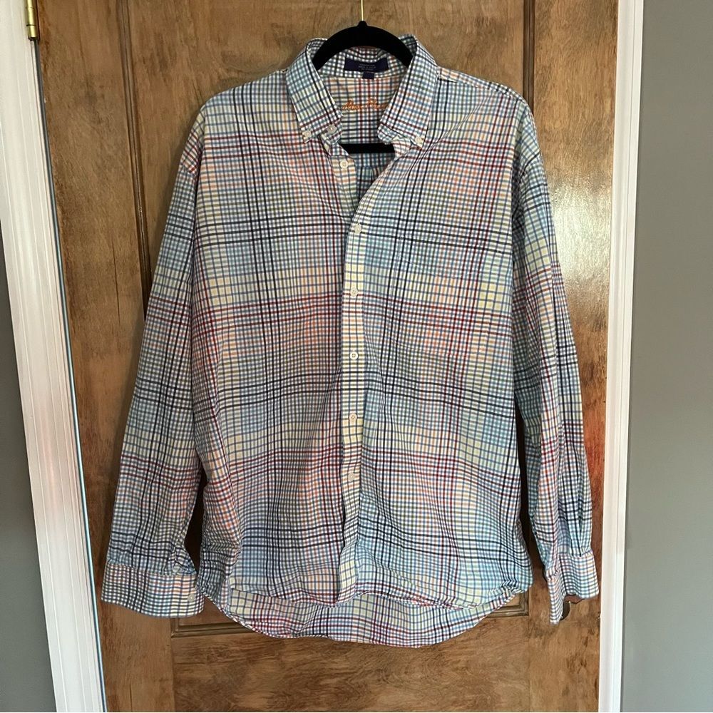 Alan Flusser Size L Long sleeve collar shirt with pocket at left chest.Fun plaid